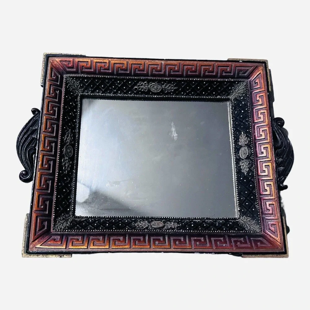 VINTAGE Mosaic Greek Key Dresser Vanity Tray Mirror Mosaic Ornate Trinket Tray